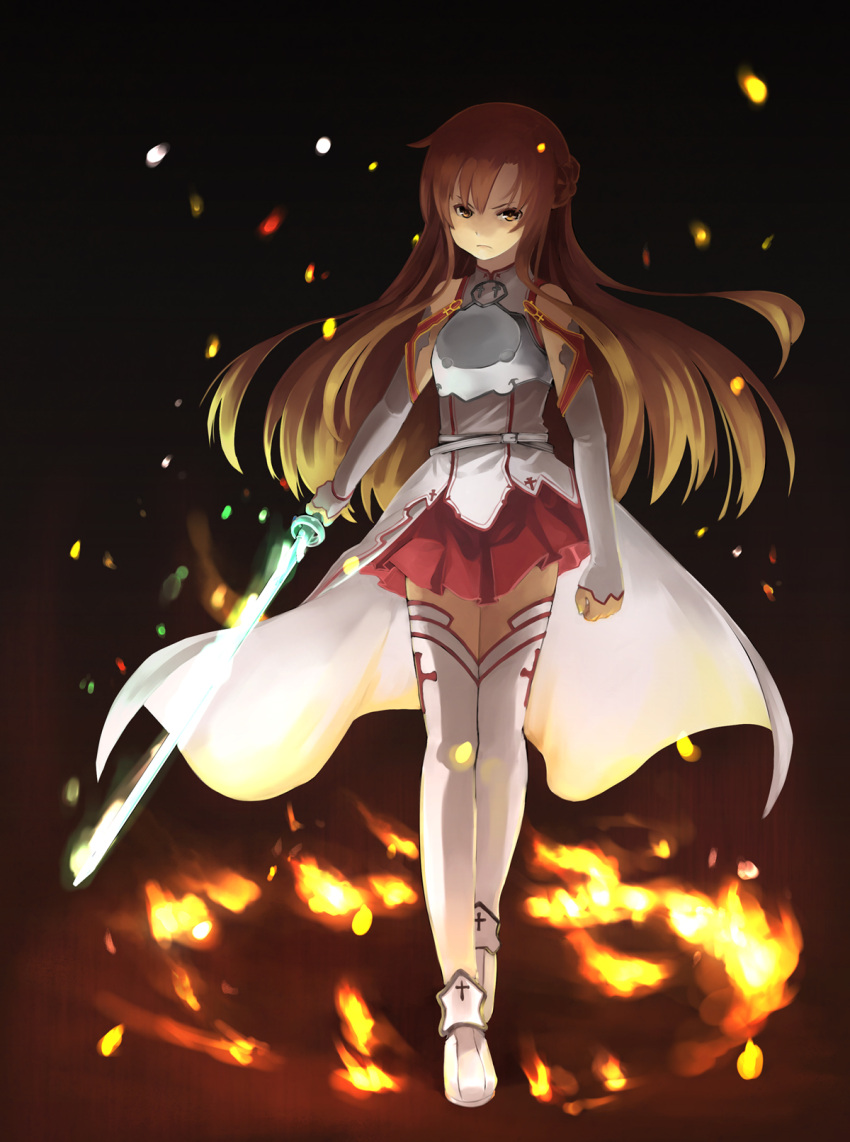 armor asuna_(sao) bare_shoulders black_background boots braid brown_hair embers fire frown highres long_hair pleated_skirt skirt solo sword sword_art_online thigh-highs thigh_boots thighhighs tokumaro weapon