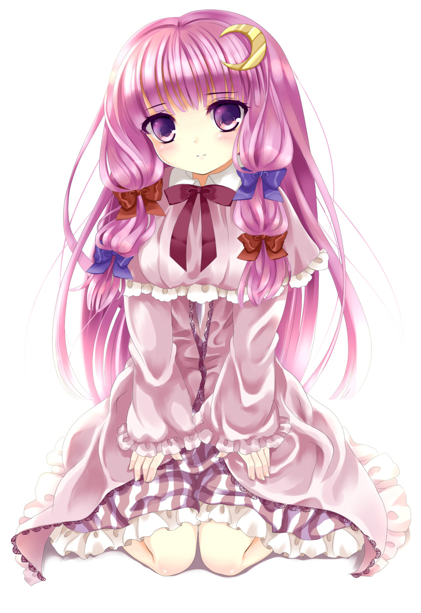 blush bow hair_bow highres long_hair long_sleeves no_hat no_headwear patchouli_knowledge puracotte purple_eyes purple_hair sitting smile solo touhou violet_eyes wariza