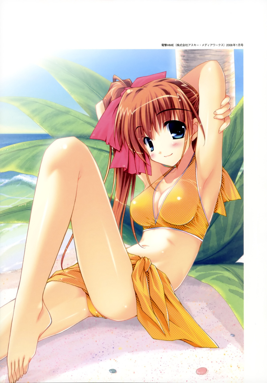 absurdres amane_sou armpits arms_up barefoot bikini blue_eyes breasts brown_hair cleavage highres leg_up legs momose_mio navel palm_tree pastel side_ponytail solo swimsuit swimsuit tree