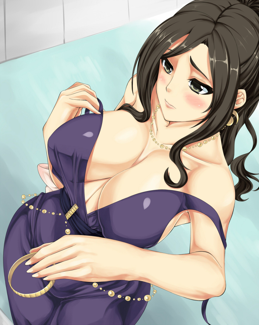 blush breasts brown_hair collarbone dress from_above grey_eyes hai_ookami highres idolmaster idolmaster_cinderella_girls jewelry large_breasts long_hair mukai_takumi necklace off_shoulder solo undressing