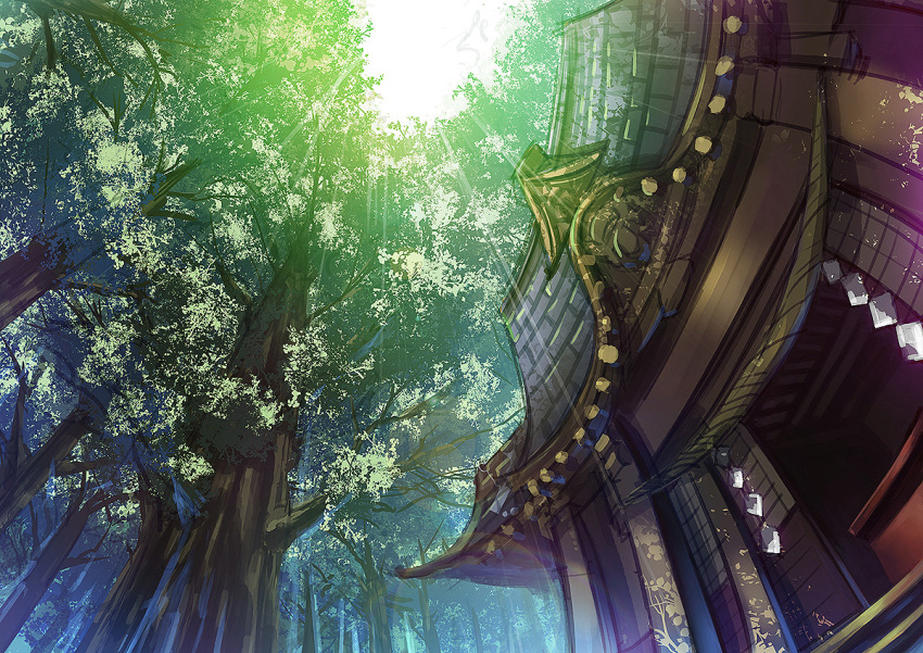 from_below landscape madcocoon no_humans scenery shrine sunbeam sunlight touhou tree