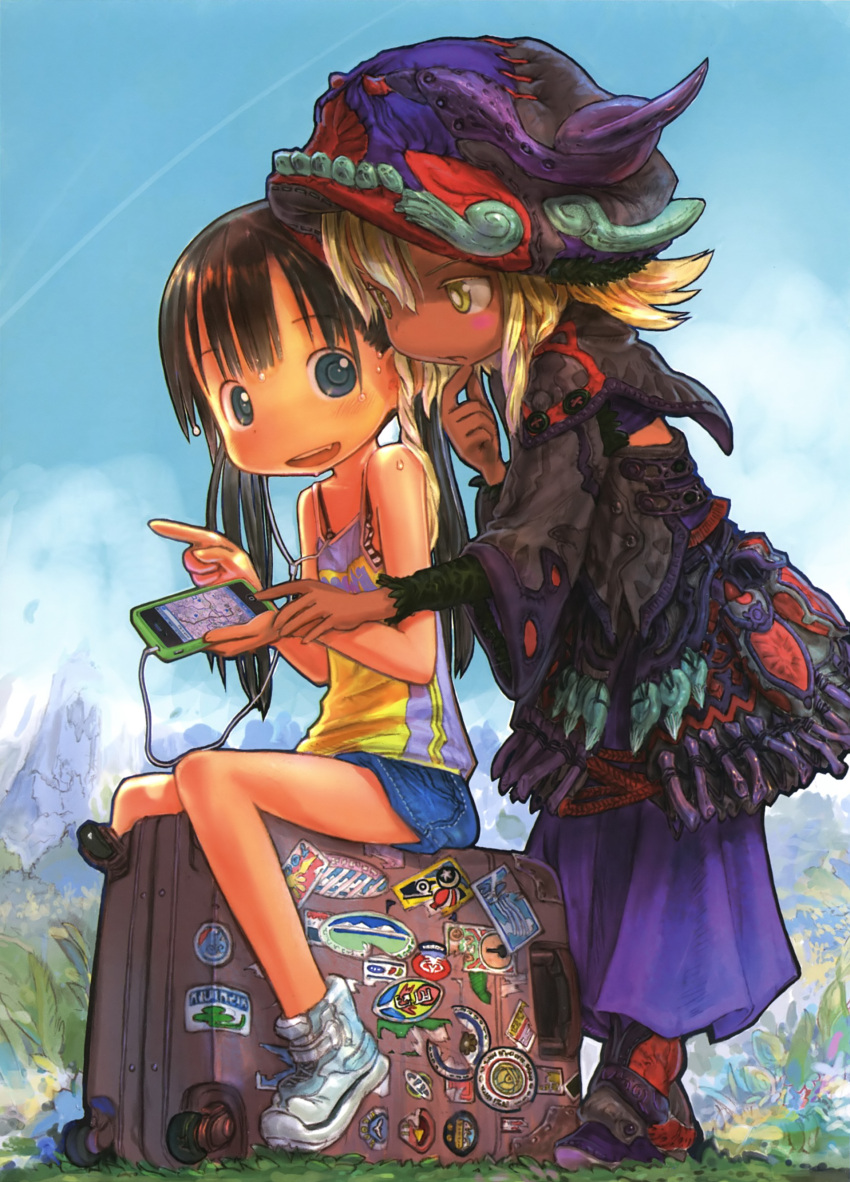 :d absurdres bare_shoulders black_hair blonde_hair blue_eyes blush cellphone dark_skin earphones grass hat highres holding iphone multiple_girls open_mouth original phone scan shorts sitting smile solo suitcase sweat tsukushi_akihito twintails yellow_eyes