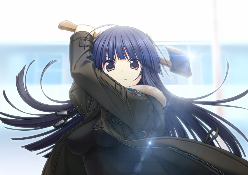 ahoge artist_request axe bangs blue_hair breasts bust dog_tags erect_nipples highres holding jacket jewelry long_hair looking_at_viewer muv-luv muv-luv_alternative muvluv muvluv_alternative necklace purple_eyes scan sendou_yuzuka solo sunlight violet_eyes weapon zipper