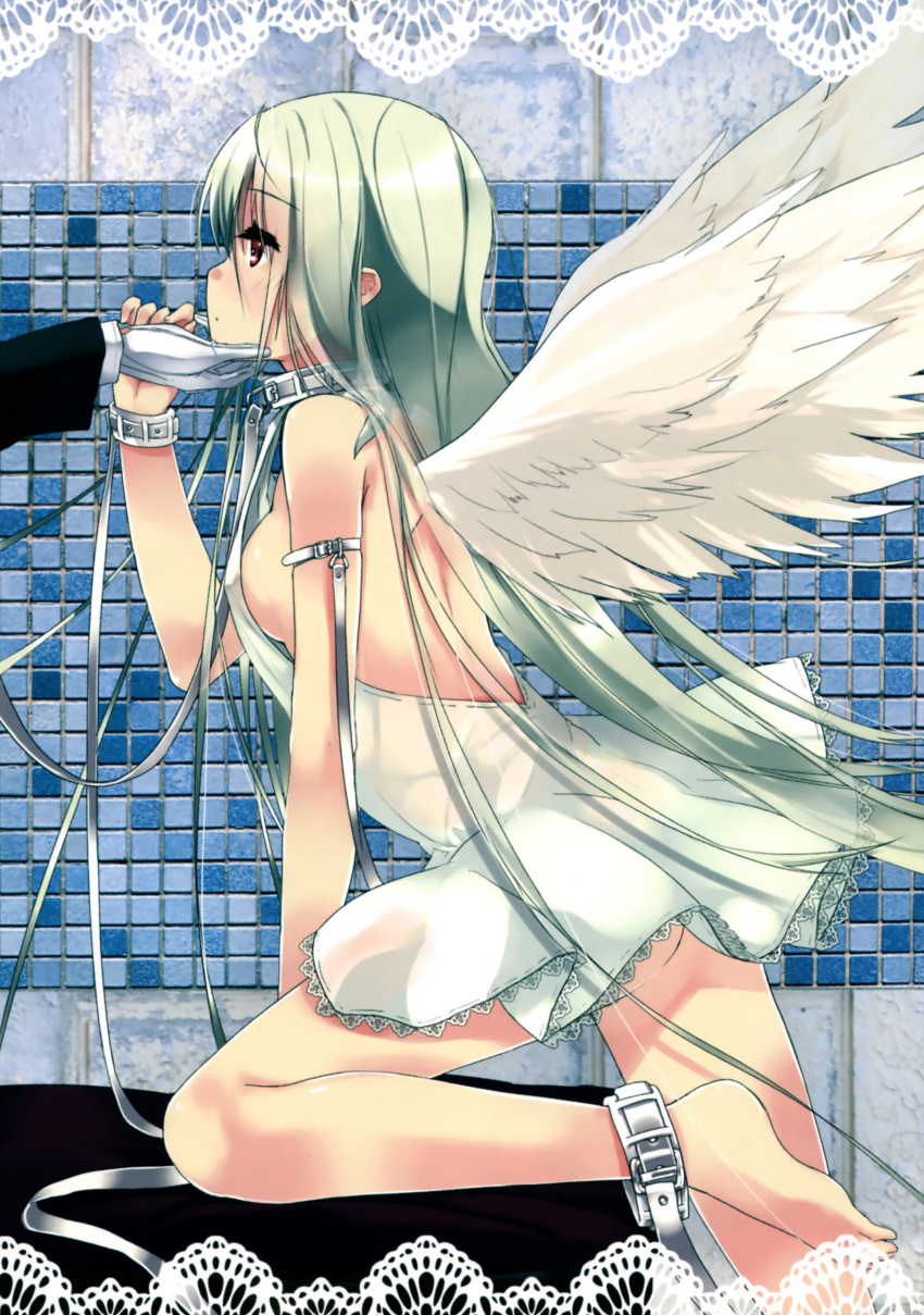 absurdres ankleband armband ass bare_legs bare_shoulders barefoot bdsm bondage breasts chin_hold collar cuffs dress gloves green_hair highres lace leash leg_up long_hair minidress original profile refeia scan see-through_silhouette sideboob slave tile_wall tiles very_long_hair white_dress white_gloves wings