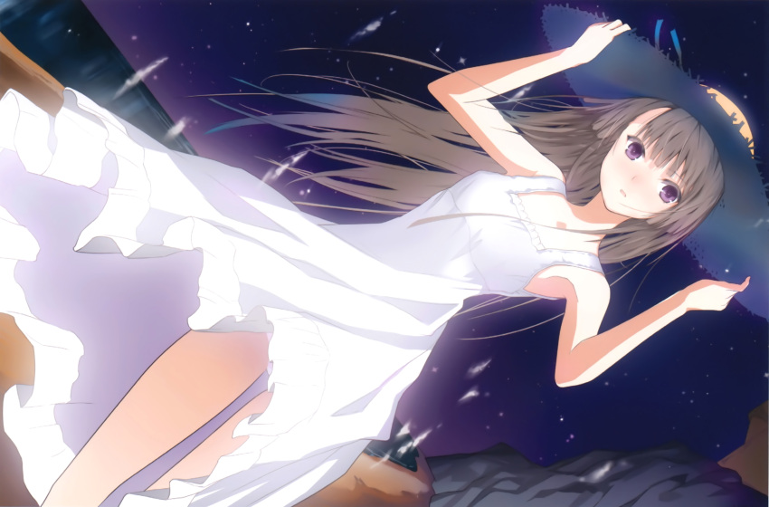 absurdres arms_up bare_shoulders black_hair dress dutch_angle fuyuno_haruaki glowing hat hat_ribbon highres long_hair looking_at_viewer night night_sky original purple_eyes ribbon scan sky solo star_(sky) starry_sky straw_hat sun_hat sundress violet_eyes white_dress wind wind_lift