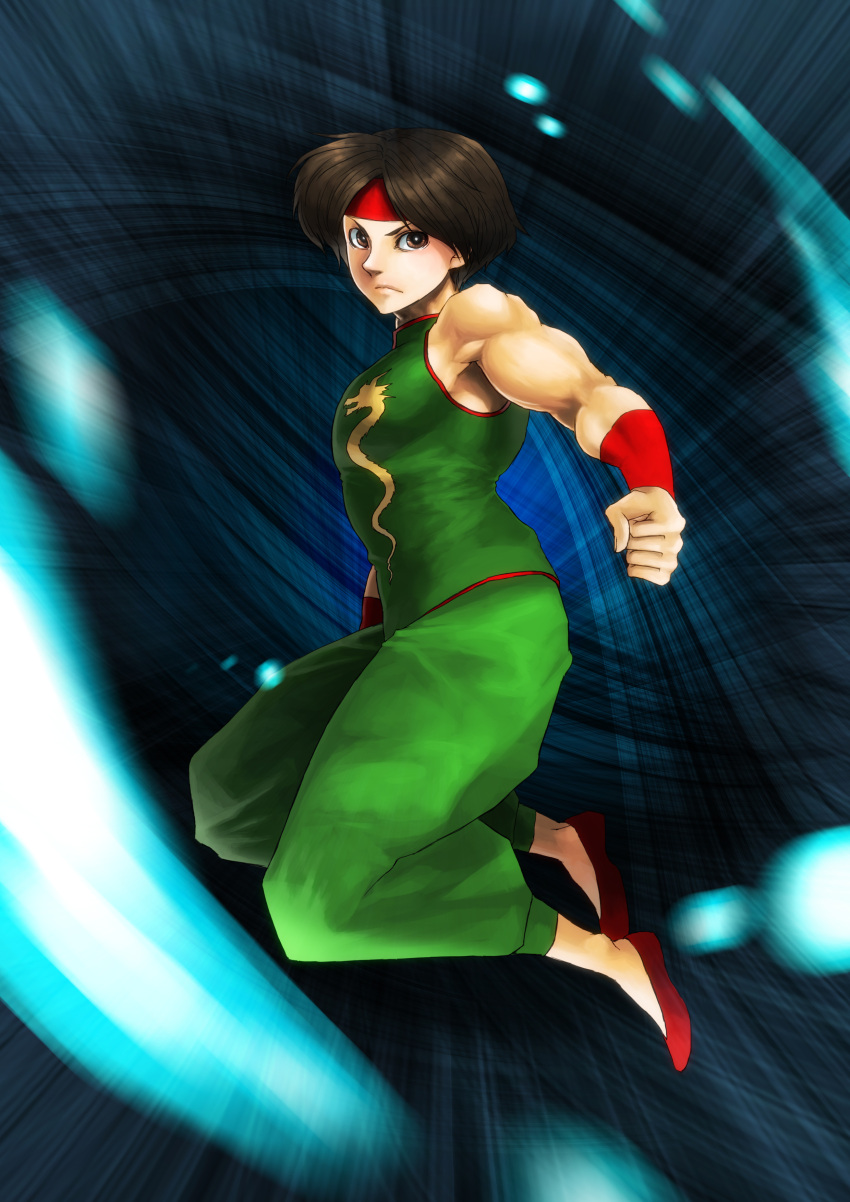 absurdres armband bangs brown_hair chinese_clothes dragon food_fighter_441 headband highres king_of_fighters king_of_fighters_xiii muscle psycho_soldier short_hair sie_kensou slippers