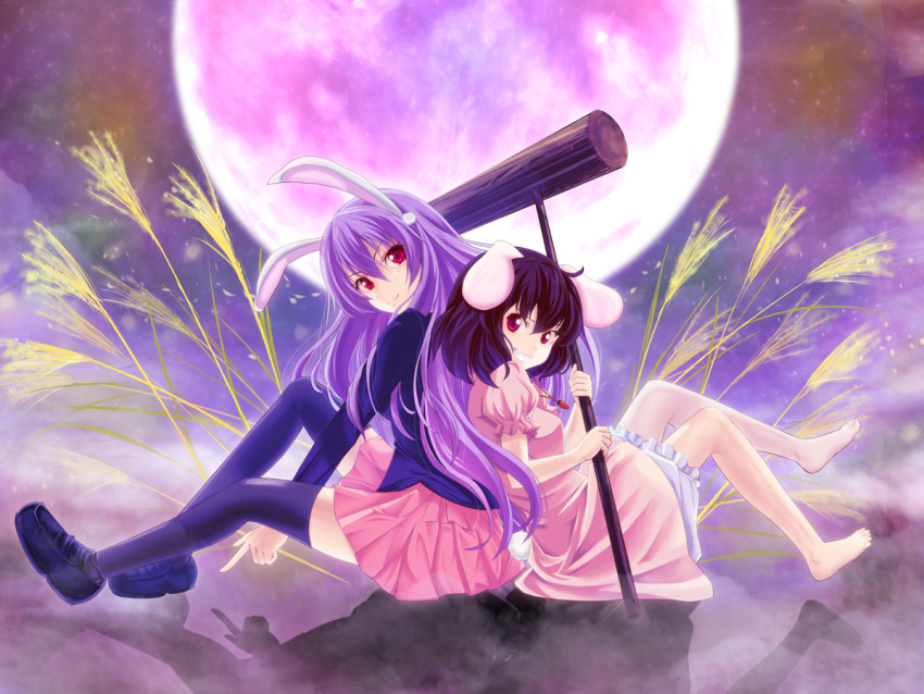 animal_ears barefoot black_hair bloomers brown_hair bug_(artist) bunny_ears bunny_tail bunnygirl carrot dress inaba_tewi long_hair long_sleeves mallet moon multiple_girls necklace purple_hair rabbit_ears red_eyes reisen_udongein_inaba short_hair skirt smile stars tail thighhighs touhou