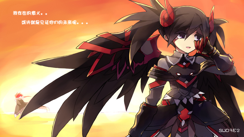 1girl aisha_(elsword) alternate_hair_color armor artist_name black_hair cape chinese elsword elsword_(character) gloves highres horns long_hair orange_background ponytail purple_eyes red_hair redhead smile surcoat swd3e2 tears translated translation_request twintails violet_eyes wings