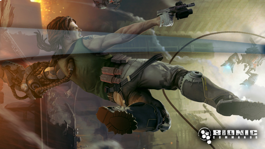 aircraft bandage bandages battle bionic_commando boots brown_hair cyborg gloves green_eyes gun hairlocs handgun highres manly nathan_spencer official_art pistol promotional_art realistic science_fiction soldier tank_top terrorist video_game weapon