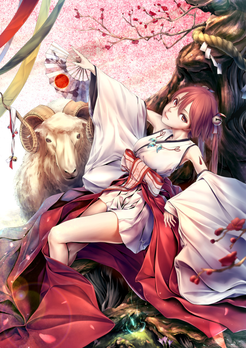1girl animal bell blurry branch crocus_(flower) depth_of_field detached_sleeves fan flower folding_fan hair_bell hair_ornament highres horns inari_konkon_koi_iroha. looking_at_viewer obi oki_(koi0koi) oomiya-no-me-no-kami outstretched_arm petals pose red_eyes redhead rope sash sheep sheep_horns shimenawa sitting sleeves_past_wrists tattoo thighs tree twintails wide_sleeves