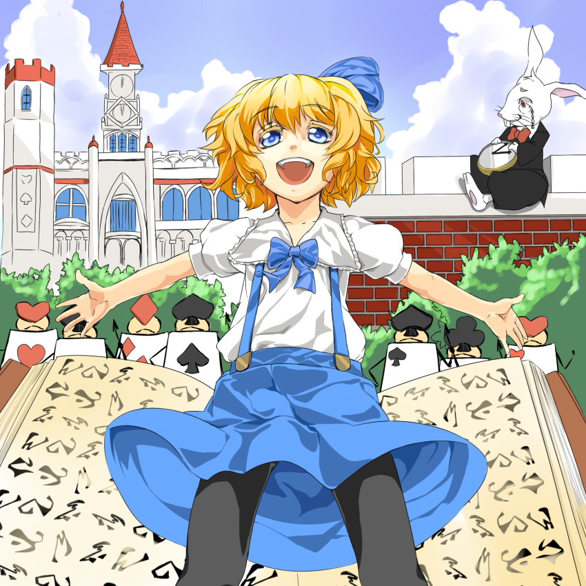 album_cover alice_in_wonderland alice_margatroid alice_margatroid_(pc-98) army black_legwear blonde_hair blue_eyes blush book bow bunny card cover hair_bow hair_ribbon hairband highres kamo_(yokaze) lance open_mouth outstretched_arms pantyhose parody pocket_watch polearm rabbit ribbon short_hair skirt smile suspenders touhou touhou_(pc-98) watch weapon white_rabbit