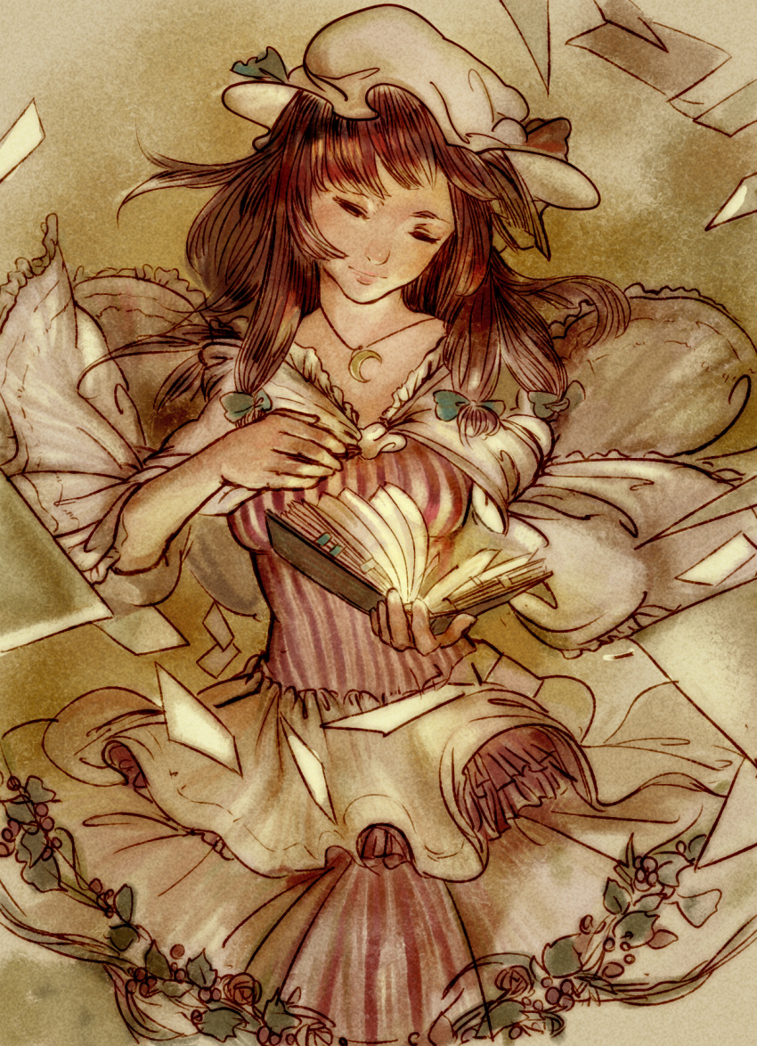 antiquewhite book capelet closed_eyes eyes_closed flying_paper hair_ribbon highres jewelry necklace open_book paper patchouli_knowledge ribbon sepia solo striped touhou tress_ribbon vertical_stripes wind