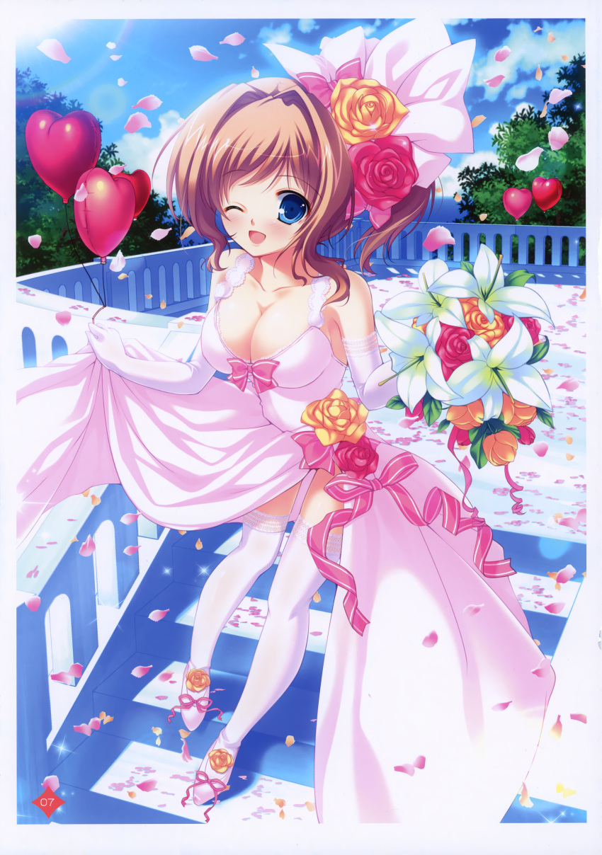 ;d absurdres balloon blue_eyes blush bouquet breasts brown_hair cleavage cloud copyright_request dress elbow_gloves flower flower_on_head foreshortening gloves hair_flower hair_intakes hair_ornament heart highres huge_filesize lace lace-trimmed_thighhighs large_breasts legs lens_flare mikeou open_mouth petals pink_chuchu ribbon rose rose_petals sky smile stairs stairway thigh-highs thighhighs thighs wedding_dress white_legwear wink