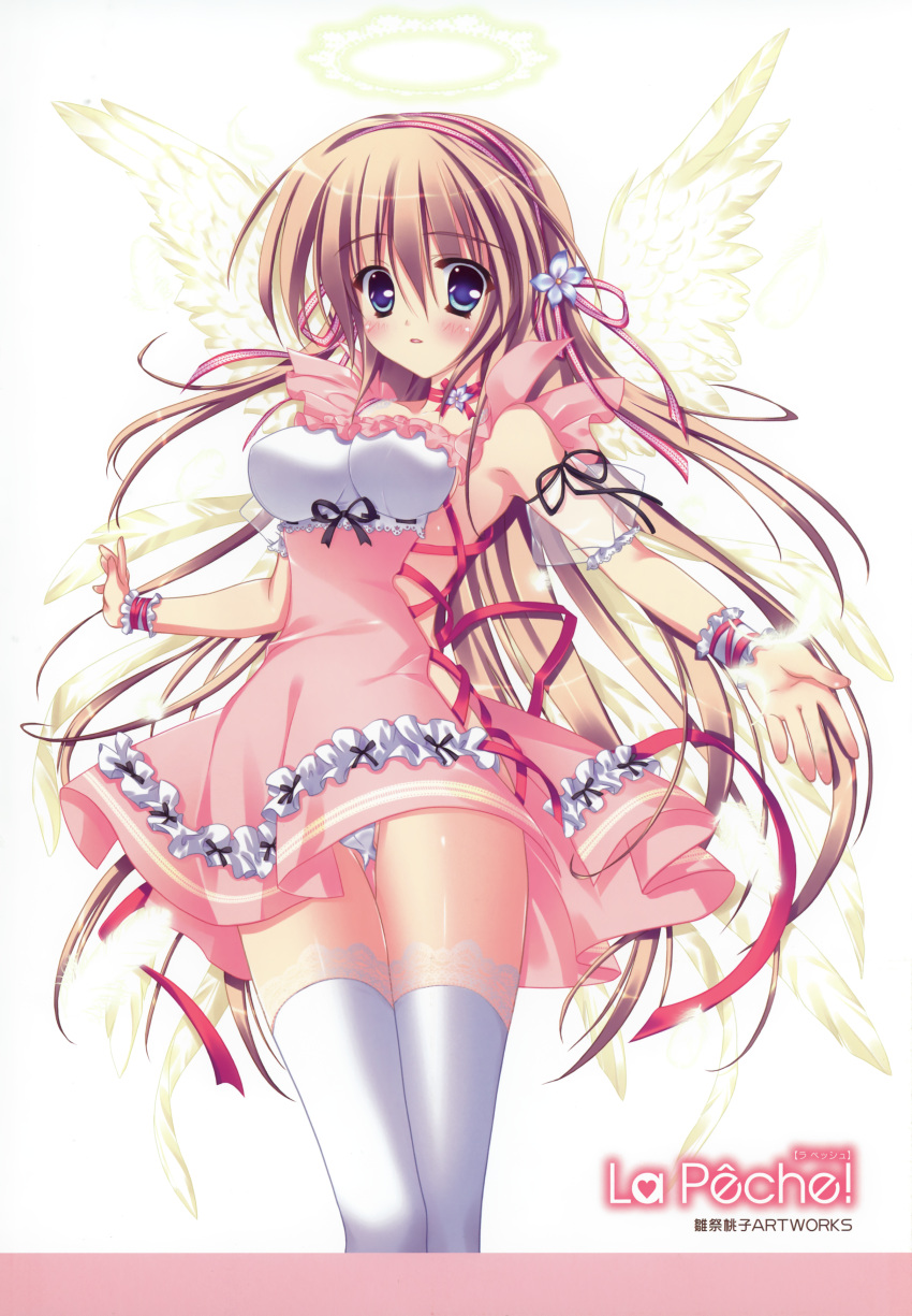 absurdres angel blue_eyes breasts brown_hair copyright_request detached_sleeves dress feathers halo headband highres hinamatsuri_touko lace lace-trimmed_thighhighs panties pantsu pantyshot pink_dress ribbon thigh-highs thighhighs underwear white_legwear white_panties white_wings wings wrist_cuffs