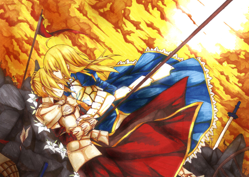 1boy 1girl armor armored_dress arrow banner battlefield blonde_hair closed_eyes cloud clouds dress dutch_angle eyes_closed fate/stay_night fate_(series) flower forehead_kiss hair_down kiss lily_(flower) mordred mother_and_daughter mother_and_son multiple_girls polearm saber saber_of_red short_hair sky spear spoilers sunset sword weapon whiisky