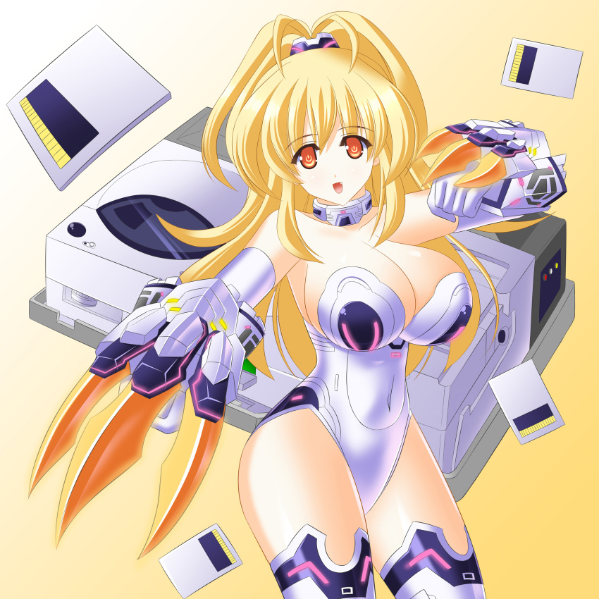 absurdres blonde_hair breasts choujigen_game_neptune claws fang highres huge_breasts kami_jigen_game_neptune_v large_breasts leotard long_hair orange_eyes simple_background solo symbol-shaped_pupils thighs white_legwear yakkey yellow_heart