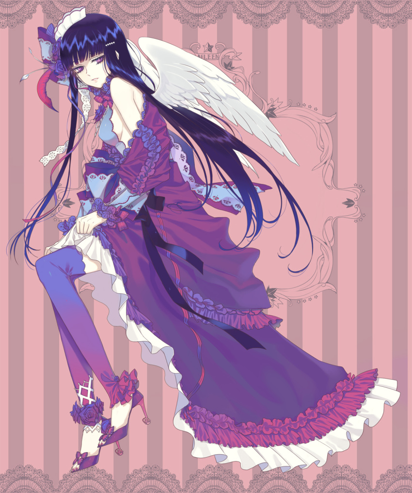 blue_hair copyright_request dress enk hat high_heels highres hime_cut open_shoes purple_eyes purple_legwear shoes striped striped_background thigh-highs thighhighs violet_eyes white_wings wings
