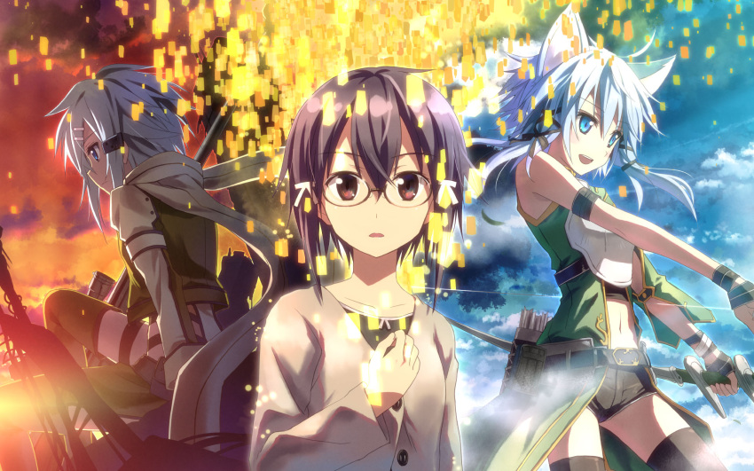 animal_ears aqua_eyes aqua_hair asada_shino bow bow_(weapon) brown_eyes brown_hair dual_persona glasses gun hair_ornament highres multiple_persona open_mouth rifle scarf school_uniform seifuku shinon_(sao) shinon_(sao-alo) short_hair sinon_(sao) sniper_rifle sword_art_online thigh-highs thighhighs weapon yuuki_tatsuya