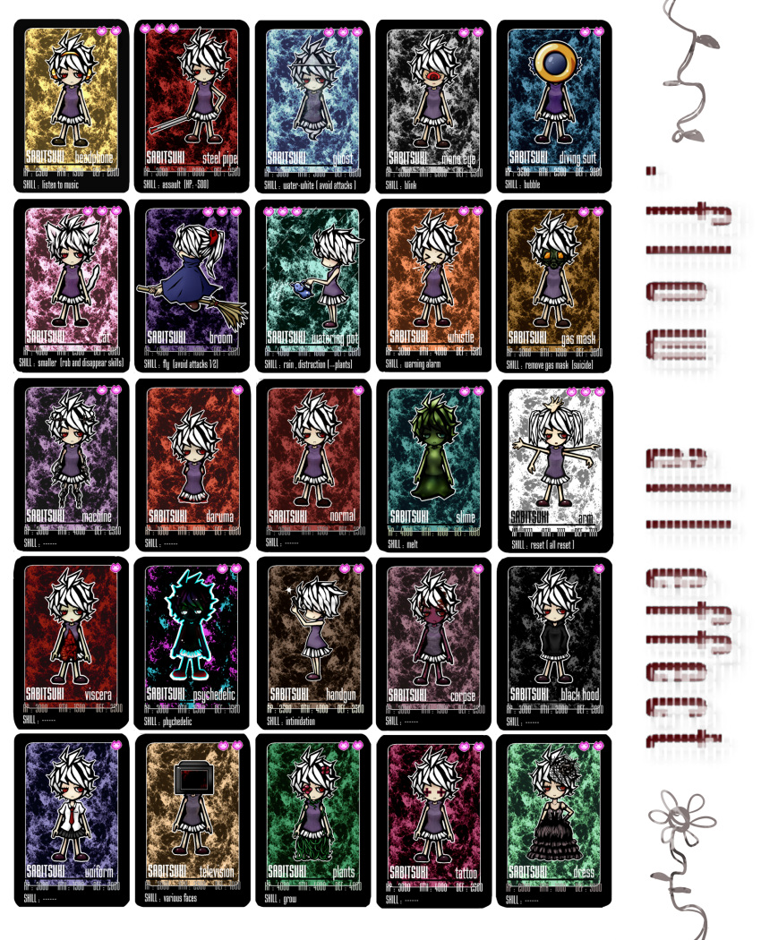 &gt;_&lt; .flow animal_ears black_dress blood blood_in_mouth blood_on_face blood_on_hair bloody_clothes bloody_weapon bridal_gauntlets broom card card_(medium) cat cat_ears corpse cyborg cyclops dress elbow_gloves elephant entrails fins flower gas_mask ghost ghost_tail gloves glowing goo_girl gothic_lolita gun hair_flower hair_ornament hair_tie hand_on_hip handgun hands_in_pockets headphones helmet highres hoodie injury intestines jewelry lead_pipe lolita_fashion multiple_arms necklace necktie necrop no_arms no_legs organs pistol plant_girl ponytail profile prosthesis purple_skin rain red_eyes sabitsuki school_uniform scuba severed_limb short_hair skirt sleeveless sleeveless_shirt tail television trading_card triangular_headpiece twintails vines watering_can weapon whistle white_hair witch