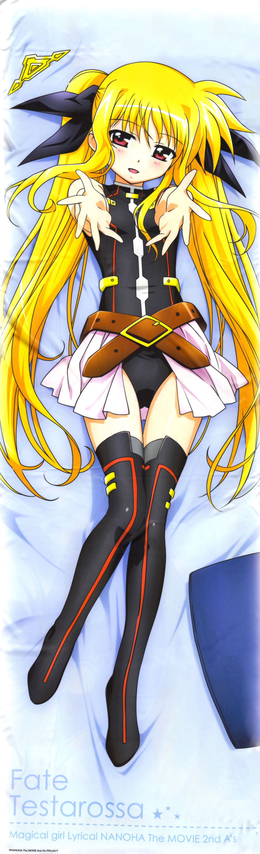 1girl absurdres bardiche belt blonde_hair blush bodysuit bow buckle character_name crease dakimakura fate_testarossa hair_bow highres incredibly_absurdres long_hair lyrical_nanoha magical_girl mahou_shoujo_lyrical_nanoha mahou_shoujo_lyrical_nanoha_a's mahou_shoujo_lyrical_nanoha_a's mahou_shoujo_lyrical_nanoha_the_movie_2nd_a's mahou_shoujo_lyrical_nanoha_the_movie_2nd_a's official_art okuda_yasuhiro outstretched_arms red_eyes scan skirt solo star thigh-highs thighhighs title_drop twintails