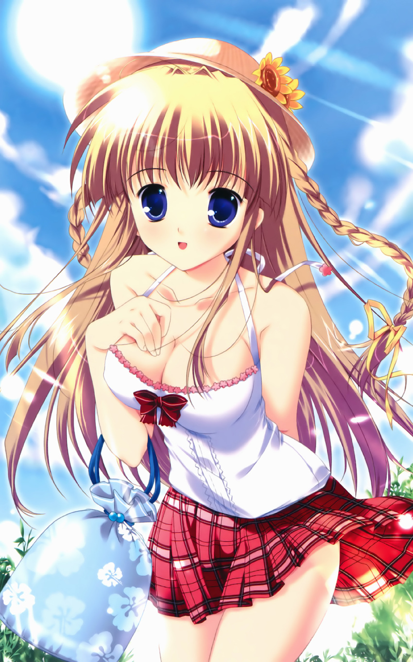:d artist_request bag blonde_hair blue_eyes braid breasts casual cleavage copyright_request dress flower flower_on_hat halterneck hat hat_flower highres mikeou open_mouth skirt sky sleveless smile summer_dress sun sunflower