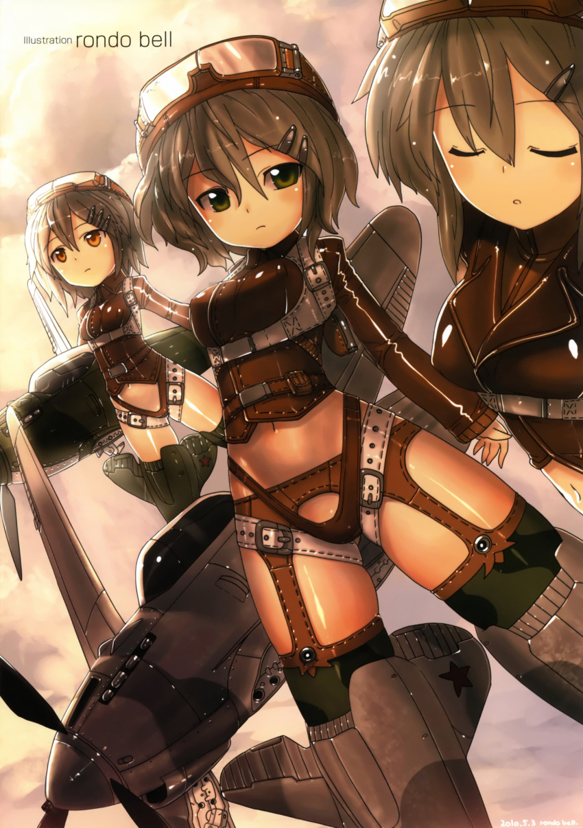 absurdres airplane brown_hair camouflage_legwear garter_belt goggles goggles_on_head green_eyes hair_ornament hairclip harness highres mecha_musume midriff multiple_girls navel orange_hair original personification propeller rondo_bell scan shiny shiny_clothes short_hair thigh-highs thighhighs yak-3
