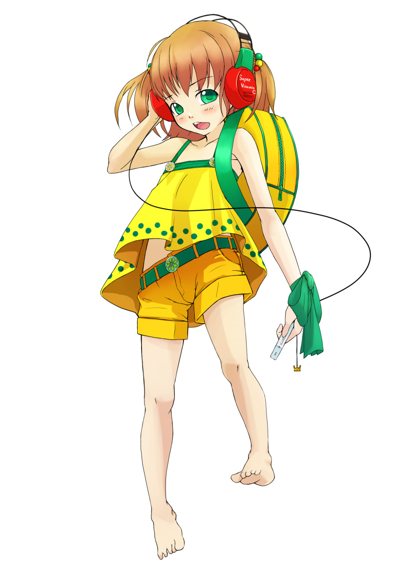 absurdres backpack bag barefoot blush c.c._lemon c.c._lemon_(character) green_eyes headphones highres iorlvm open_mouth shorts simple_background solo white_background