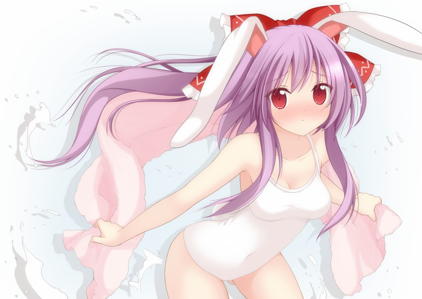:&lt; animal_ears bare_shoulders blush bow breasts bunny_ears chimunge cleavage colored cosplay hair_bow hakurei_reimu highres holding lavender_hair leaning_forward long_hair looking_at_viewer peko ponytail purple_hair rabbit_ears red_eyes reisen_udongein_inaba ribbon school_swimsuit solo swimsuit swimsuit touhou towel white_school_swimsuit white_swimsuit