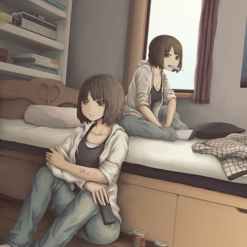 2girls bed between_legs bookshelf brown_hair can clone collarbone controller crossed_arms female hand_between_legs highres holding hoodie looking_at_viewer mouth_hold multiple_girls multiple_persona no_shoes on_bed open_mouth original pillow popsicle remote_control short_hair sitting sleeves_rolled_up sweater window yajirushi_(chanoma)