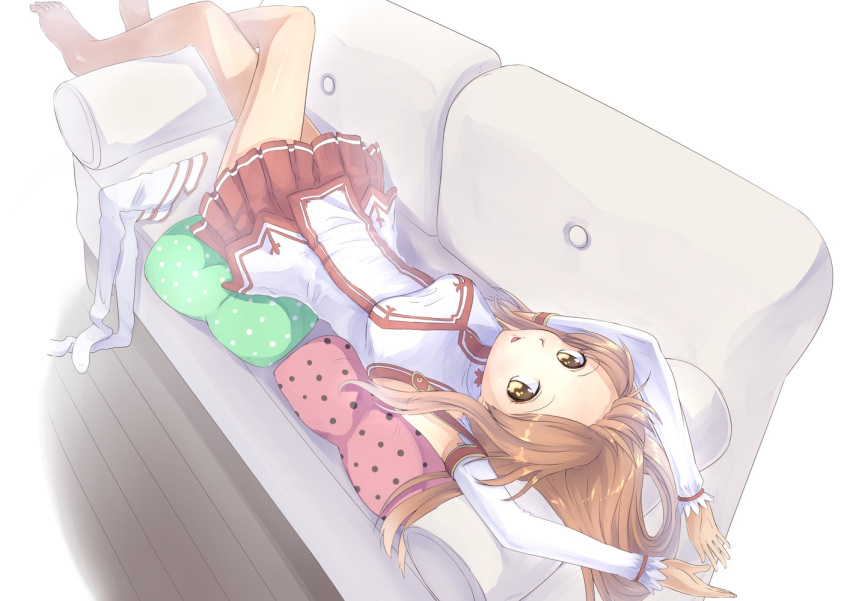 armpits arms_up asuna_(sao) barefoot breasts brown_eyes brown_hair couch crossed_legs detached_sleeves legs_crossed long_hair looking_at_viewer lying on_back pillow sitting skirt solo sword_art_online thighhighs thighhighs_removed touboku