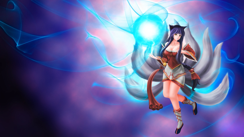 ahri allen_(pixiv) animal_ears bare_shoulders bell blue_hair boots braid breasts cleavage detached_sleeves energy_ball facial_mark fox_ears fox_tail highres large_breasts league_of_legends long_hair multiple_tails orb solo tail very_long_hair yellow_eyes