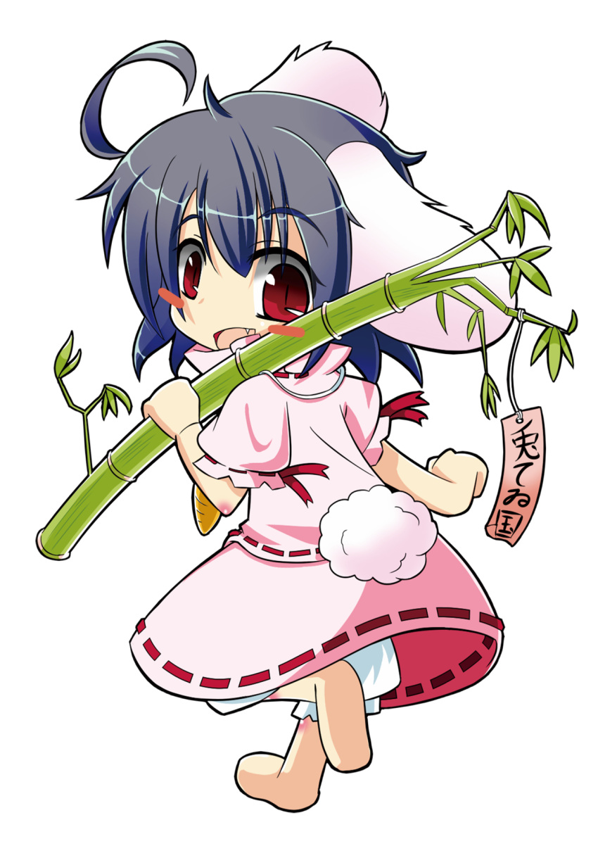 ahoge animal_ears bamboo barefoot bloomers blush_stickers bunny_ears bunny_tail chibi fang hidamari_(artist) highres inaba_tewi looking_at_viewer open_mouth over_shoulder puffy_sleeves purple_hair rabbit_ears red_eyes shirt short_hair short_sleeves skirt skirt_set smile solo tail tanabata touhou translated turning walking