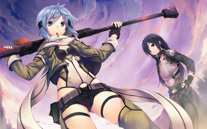 1girl armor arms_up belt black_eyes black_gloves black_hair blue_eyes blue_hair breastplate breasts bullet bullet_in_mouth chaps cleavage cloudy_sky dutch_angle fingerless_gloves gloves gun hair_ornament hair_over_one_eye hairclip hand_on_hip hands_on_hips hinasaki holding jacket kirito kirito_(sao-ggo) long_hair looking_at_viewer mouth_hold outstretched_arms rifle scarf shinon_(sao) short_hair short_shorts shorts sky smile sniper_rifle sunset sword_art_online thigh-highs thighhighs trap weapon