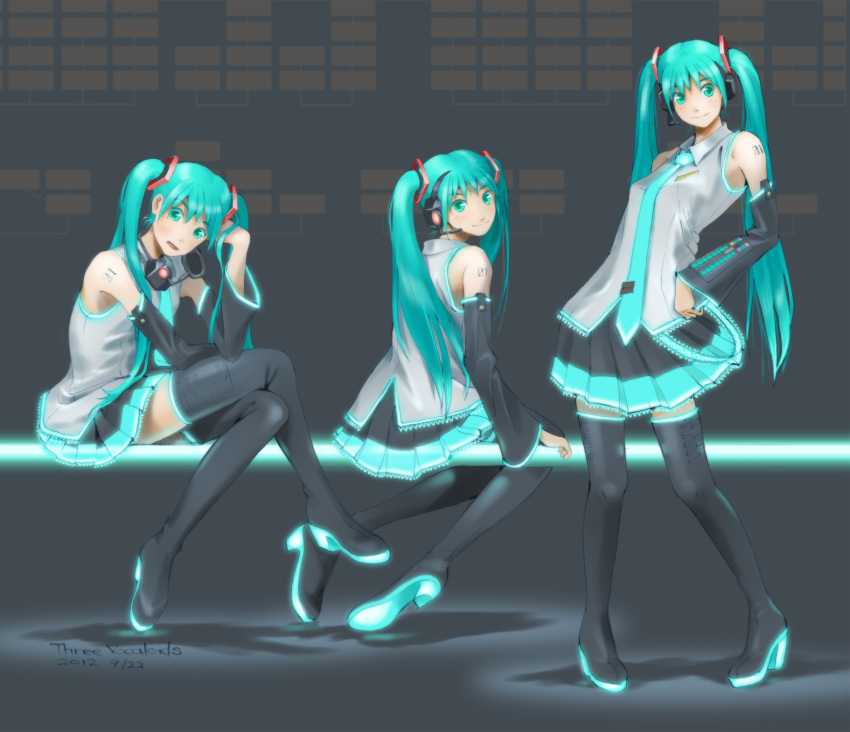 3girls aqua_eyes aqua_hair bare_shoulders blush boots clone detached_sleeves glowing hand_on_hip hatsune_miku headphones headphones_around_neck headset highres long_hair looking_at_viewer looking_back multiple_girls multiple_persona necktie open_mouth robot_(santouhei) sitting skirt smile solo standing thigh-highs thigh_boots thighhighs twintails very_long_hair vocaloid zettai_ryouiki