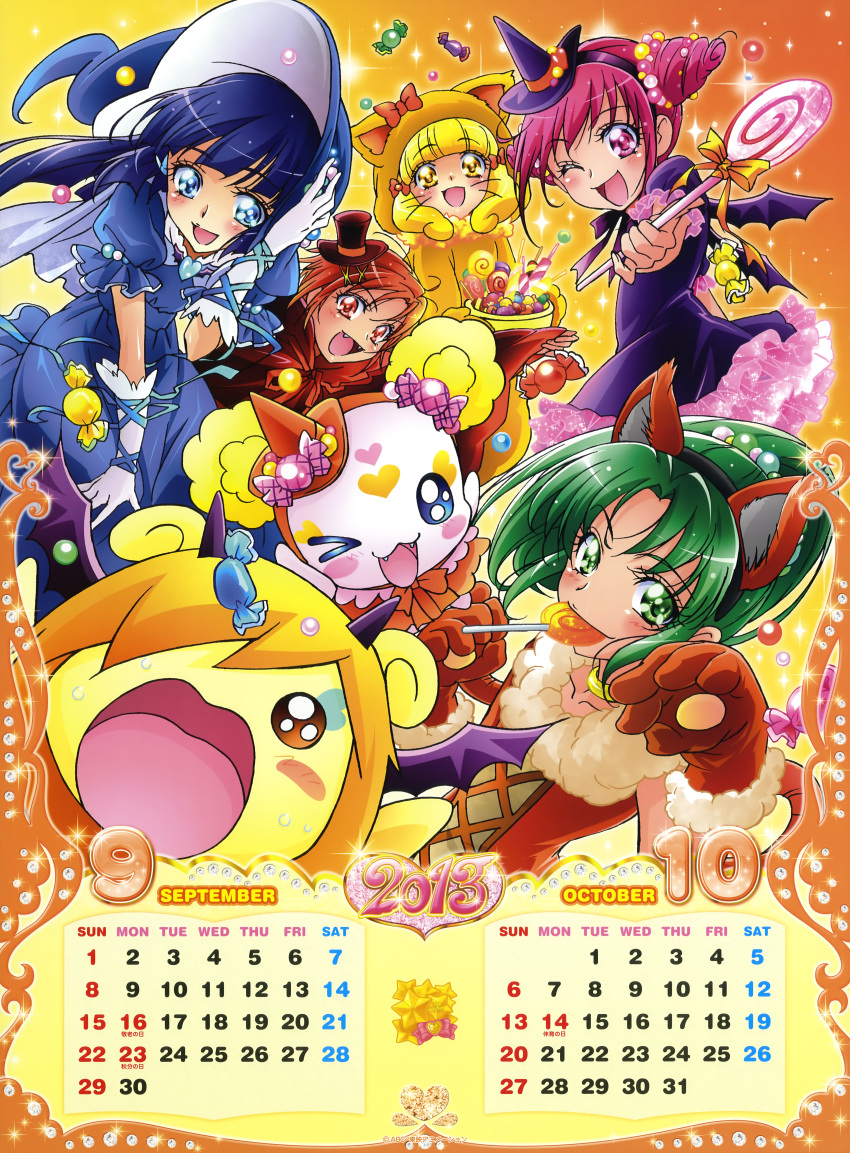 :d absurdres animal_ears aoki_reika bat_wings blonde_hair blue_eyes blue_hair blush bow calendar candy candy_(smile_precure!) costume creature fangs gloves green_eyes green_hair halloween hat highres hino_akane hoshizora_miyuki kawamura_toshie kise_yayoi long_hair midorikawa_nao october official_art open_mouth pink_eyes pink_hair ponytail pop_(smile_precure!) precure pretty_cure red_eyes red_hair redhead ribbon september smile smile_precure! twintails whiskers wings wink witch_hat yellow_eyes
