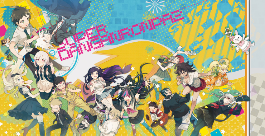 backpack bag bandage bandages beanie black_hair blonde_hair blue_hair braid brown_hair camera chain chains chicken_(food) closed_eyes dangan-ronpa dangan-ronpa_2 dangan_ronpa detached_sleeves double_bun dress eyes_closed food formal frying_pan glasses green_eyes grey_eyes hair_ornament hanamura_teruteru hands_in_pockets hat high_heels hinata_hajime hoo jacket japanese_clothes jewelry kimono koizumi_mahiru komaeda_nagito kuzuryuu_fuyuhiko lavender_hair mioda_ibuki monomi_(dangan_ronpa) multicolored_hair nanami_chiaki necktie nidai_nekomaru owari_akane pantyhose pekoyama_peko pink_hair purple_eyes purple_hair red_hair redhead ring saionji_hiyoko shoes silver_eyes skirt sonia_nevermind souda_kazuichi suit super_dangan_ronpa_2 tanaka_gandamu thigh-highs thighhighs togami_byakuya tsumiki_mikan twintails two-tone_hair violet_eyes white_hair