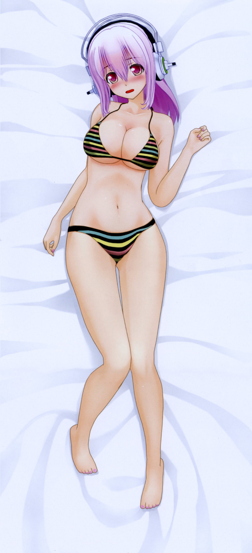 absurdres bed bikini black_bikini blanket blush breasts dakimakura hand_up headphones highres knees_together_feet_apart large_breasts long_hair looking_at_viewer lying multicolored_stripes nitroplus official_art on_back on_bed parted_lips pink_hair red_eyes scan side-tie_bikini solo striped striped_bikini striped_swimsuit super_sonico swimsuit