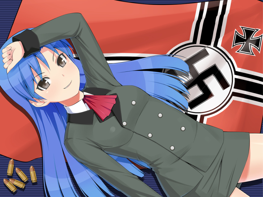 blue_hair bullet idolmaster kisaragi_chihaya long_hair military military_uniform miniskirt nazi nazi_war_ensign shougi_(116) skirt smile solo swastika uniform