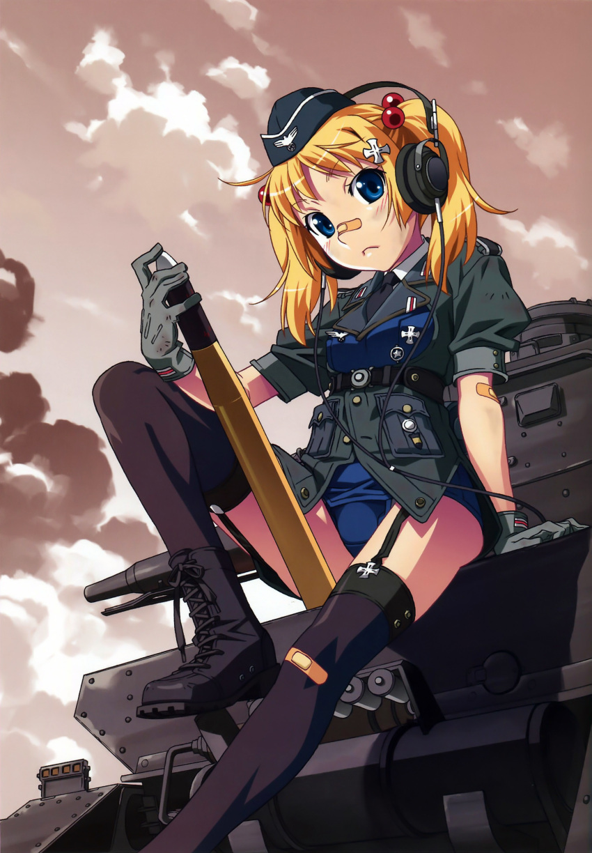 absurdres arm_support bandaid bandaid_on_nose barbarossa_(card_game) black_legwear blonde_hair blue_eyes boots cloudy_sky cross-laced_footwear garrison_cap garter_straps gloves hair_bobbles hair_ornament hat headphones highres leg_up military military_uniform military_vehicle necktie original panzerkampfwagen_iv scan school_swimsuit shell solo swimsuit swimsuit_under_clothes tank thigh-highs thighhighs twintails uniform vehicle watanabe_akio