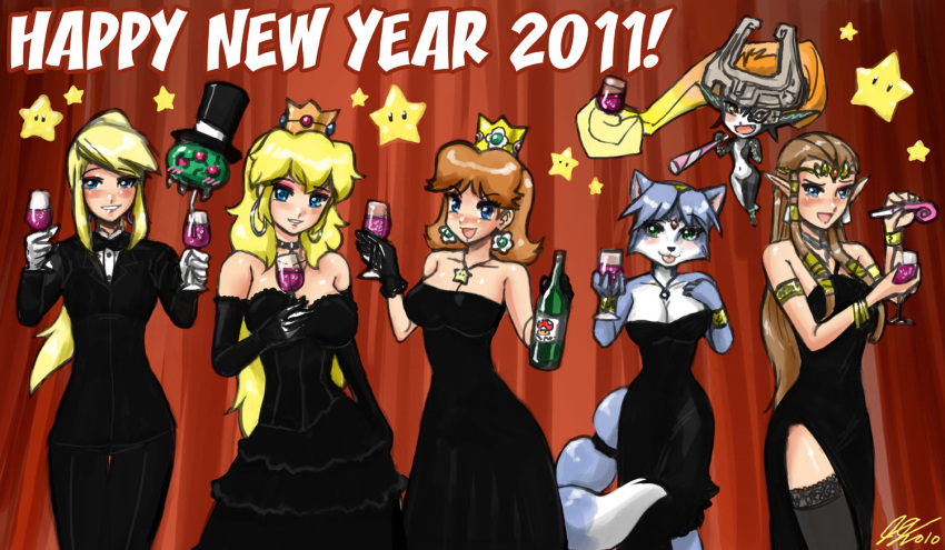 6+girls :p armlet bare_shoulders black_dress blonde_hair blue_eyes blue_hair bottle bowtie bracelet breasts brown_hair choker cleavage company_connection cup dress earrings elbow_gloves formal furry glass gloves imp jewelry john_joseco krystal lace lace-trimmed_thighhighs long_hair looking_at_viewer metroid metroid_(creature) midna multiple_girls new_year nintendo pant_suit party_horn pendant princess_daisy princess_peach princess_zelda samus_aran short_hair signature smile star star_fox suit super_mario_bros. tail the_legend_of_zelda thighhighs tongue twilight_princess wine wine_glass