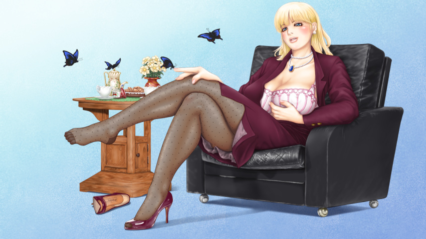 blush bracelet breasts butterfly cleavage comma cookie couch crossed_legs cup feet food high_heels highres jewelry large_breasts legs legs_crossed long_legs miniskirt open_shoes original pantyhose shoes single_shoe sitting skirt teacup teapot thighs