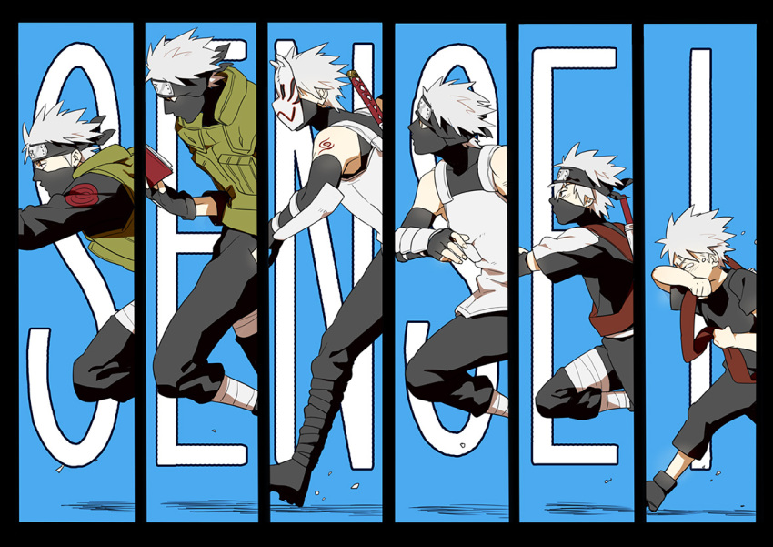 bandages book boots detached_sleeves fingerless_gloves forehead_protector gloves hatake_kakashi i_(kaiyou) male mask multiple_persona naruto running short_hair silver_hair sword tattoo tears vest weapon young