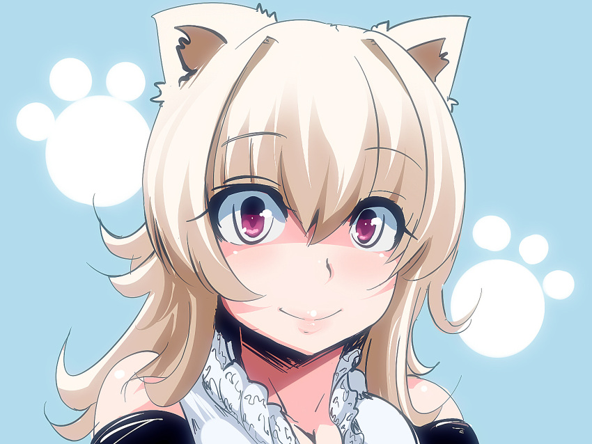 animal_ears bare_shoulders black_gloves blonde_hair breasts bust cat_ears cat_paws cleavage elbow_gloves gloves highres hyudora long_hair original paw_print paws purple_eyes shaded_face smile solo violet_eyes