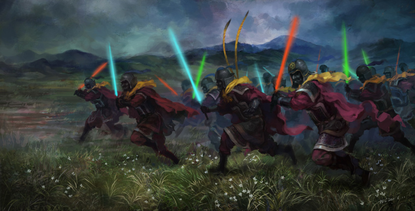 anachronism armor boots cape chinese_clothes cloudy_sky energy_sword field gauntlets grass helm helmet hjl lightsaber multiple_boys original running soldier sword weapon