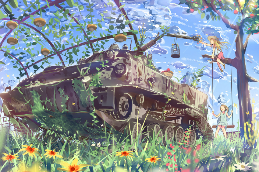 apple bird birdcage blonde_hair brown_hair butterfly cage cloud clouds daito dress flower food fruit grass hat ivy long_hair military military_vehicle multiple_girls original outstretched_arm revision scenery side_ponytail skirt sky swing tank tree vehicle