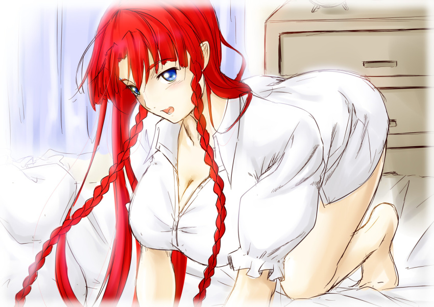 all_fours bed blue_eyes braid breasts cleavage hong_meiling large_breasts looking_at_viewer naked_shirt niwatazumi no_hat no_headwear red_hair redhead solo touhou twin_braids
