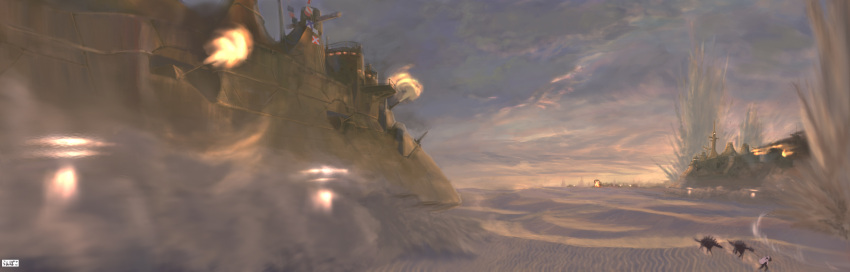 animal battleship cannon cape cloudy_sky desert explosion firing hat highres original ranpota scenery