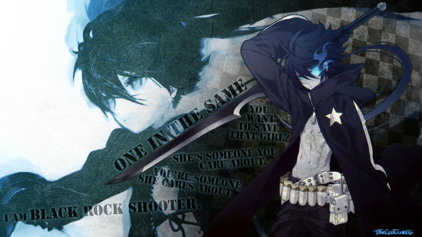 black_hair black_rock_shooter blue_eyes genderswap kuroi_mato scar signed sword weapon