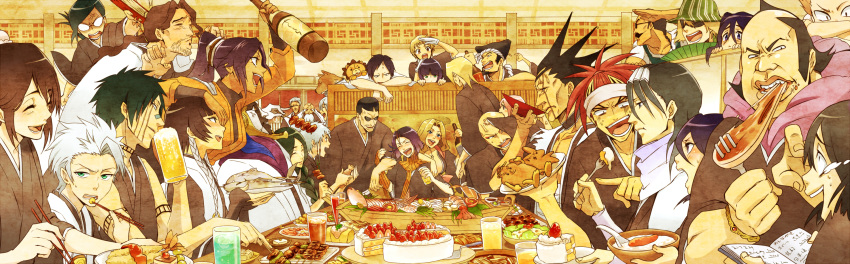 akon beer black_hair bleach blonde_hair blush bottle braid breasts cake chopsticks cleavage dark_skin eating everyone facial_hair feast food fruit glasses hair_ornament hanakari_jinta haori highres hinamori_momo hisagi_shuuhei hitsugaya_toushirou iba_tetsuzaemon ise_nanao japanese_clothes kira_izuru komamura_sajin kon kotetsu_isane kotetsu_kiyone kotsubaki_sentarou kuchiki_byakuya kuchiki_rukia kurotsuchi_mayuri kurotsuchi_nemu kusajishi_yachiru kyoraku_shunsui kyouraku_shunsui long_beard long_hair long_image matsumoto_rangiku oomaeda_marechiyo pink_hair purple_hair red_hair redhead rock-de-no sake sasakibe_choujirou sashimi scar scarf shihouin_yoruichi short_hair silver_hair spiked_hair spiky_hair strawberry strawberry_shortcake sui-feng sunglasses taichou_haori tsukabishi_tessai tsumugiya_ururu ukitake_juushirou unohana_retsu urahara_kisuke wide_image yamada_hanatarou yamamoto-genryuusai_shigekuni zaraki_kenpachi