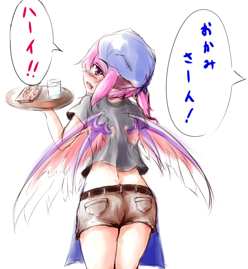 alternate_hairstyle animal_ears apron ass ayatori_(aytr) belt blush casual contemporary from_behind glass head_scarf looking_back midriff mystia_lorelei okamisty pink_hair purple_eyes shirt short_hair short_shorts shorts simple_background skewer solo touhou tray twintails violet_eyes white_background wings